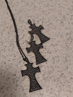 Black Pave Cross Necklace and Earrings Set